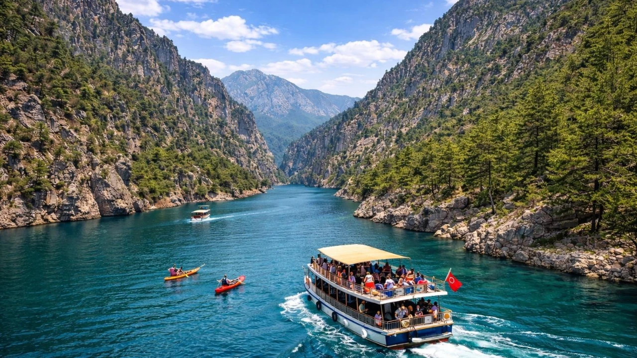 Emerald-green waters of Green Canyon surrounded by pine-forested mountains